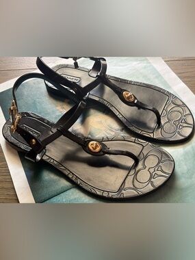 Coach Pier Jelly PVC Signature C-Logo Thong Slide Flat Sandals In Black Size 6